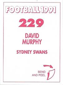 1991 Select AFL Stickers #229 David Murphy Back